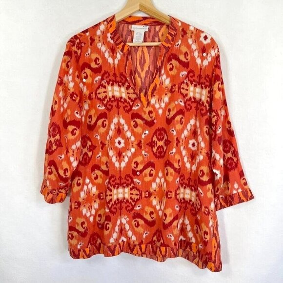 Soft Surroundings Ikat Print V-Neck Sequins Embellished 3/4 Sleeve Boho Tunic XL - Picture 1 of 6